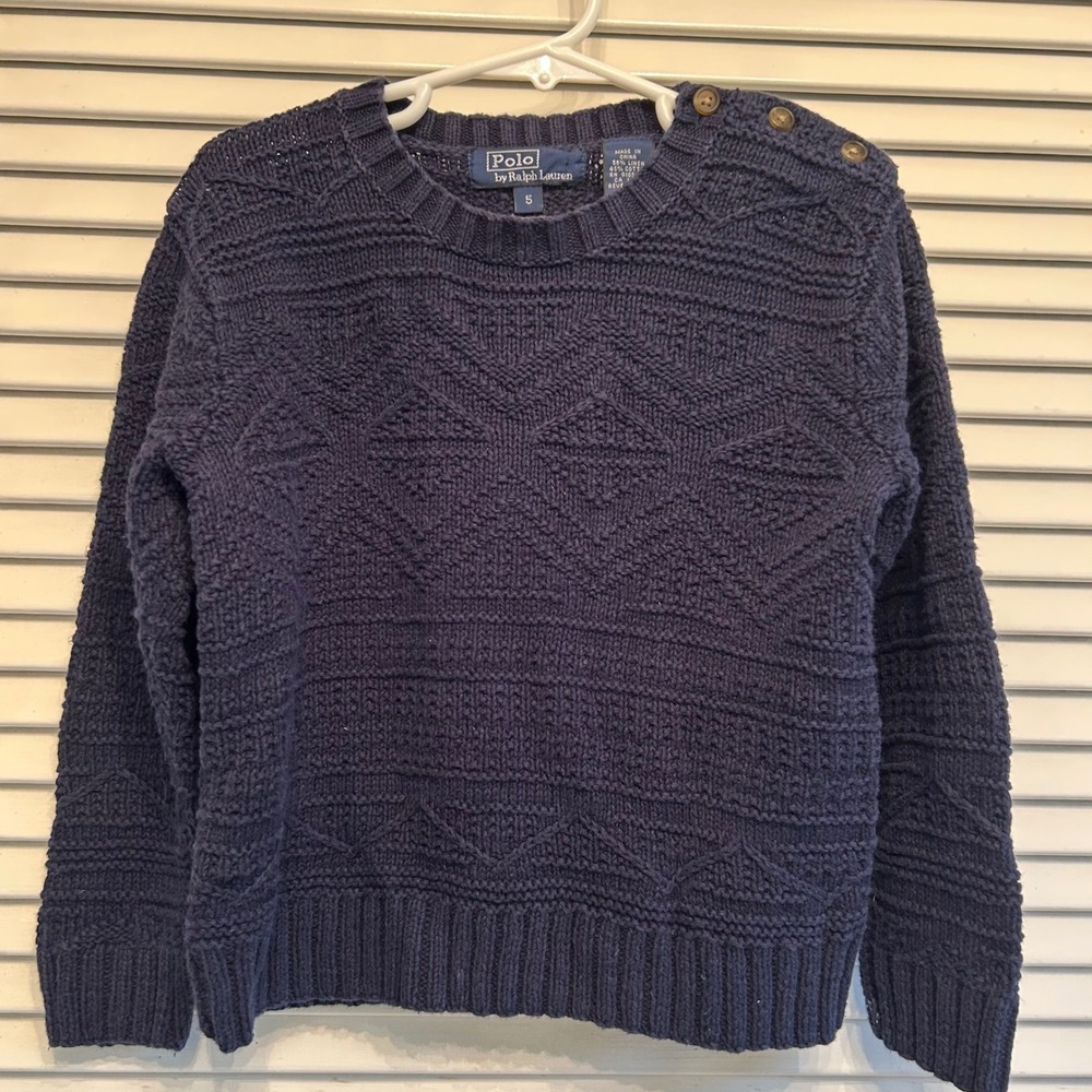 Polo Ralph Lauren Hand Knit Linen Cotton Blend Sweater Top Button Shoulder Blue